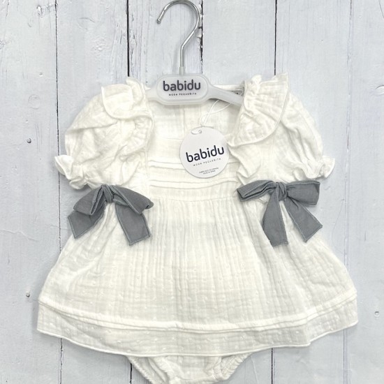 Babidu white with grey bow detailed dress