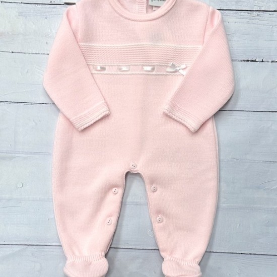 Dandelion Pink knit babygrow with chest bow design