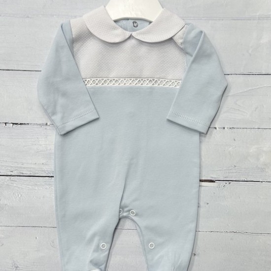 Baby blue cotton cross chested babygrow