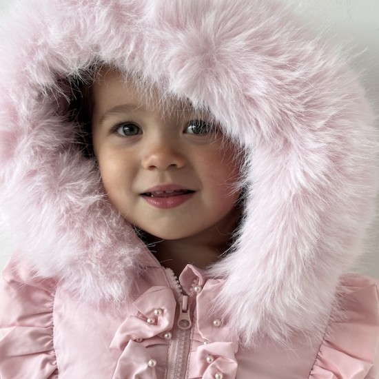 GIRL PINK PUFFER COAT WITH FAUX FUR HOOD AND BOW