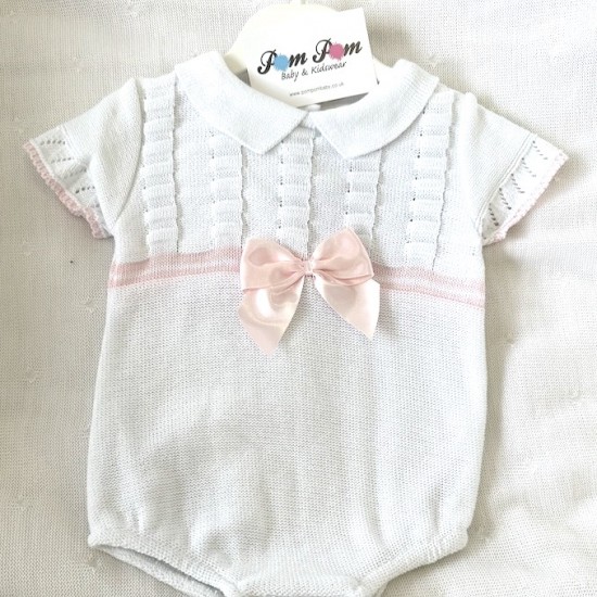 Pex white knit romper with pink bow