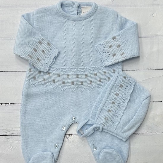 Blue knit onesie with bonnet