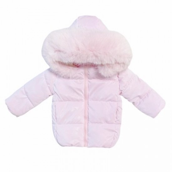 BABY GIRL PINK PUFFER COAT WITH FAUX FUR HOOD