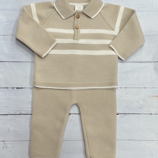 Oatmeal and cream panel knit trouser suit