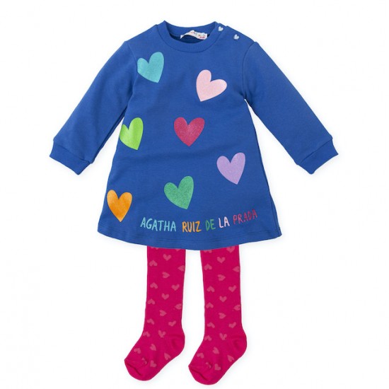 Agatha blue dress with multi coloured hearts