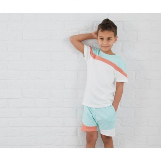 Colour Block T-Shirt & Shorts Set In Eggshell Blue/Peach