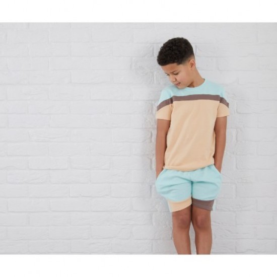 Colour Block T-Shirt & Shorts Set In Eggshell Blue/Sand