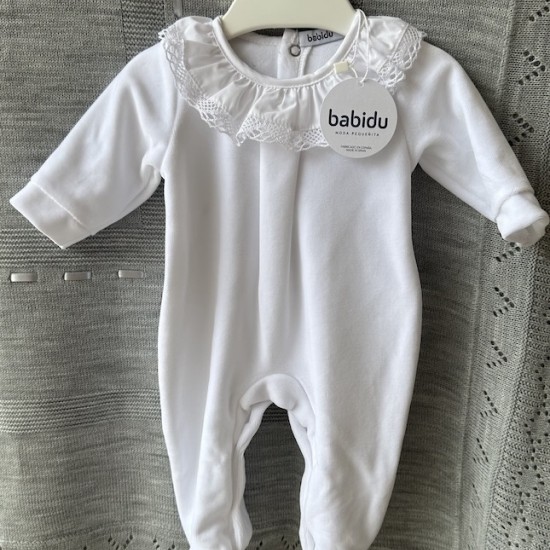 White velour babygrow with lace ruffle