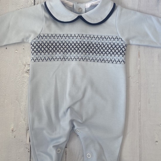 Baby blue cotton babygrow with navy detail and smock