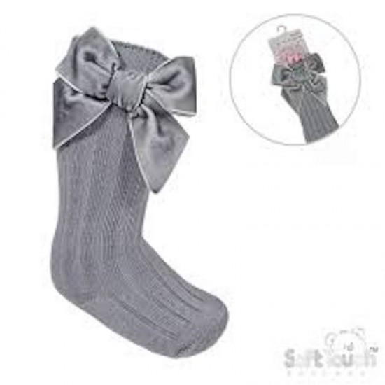 Grey long ribbed bow socks