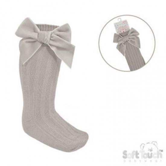 BEIGE RIBBED KNEE LENGTH SOCKS with LARGE VELVET BOW 